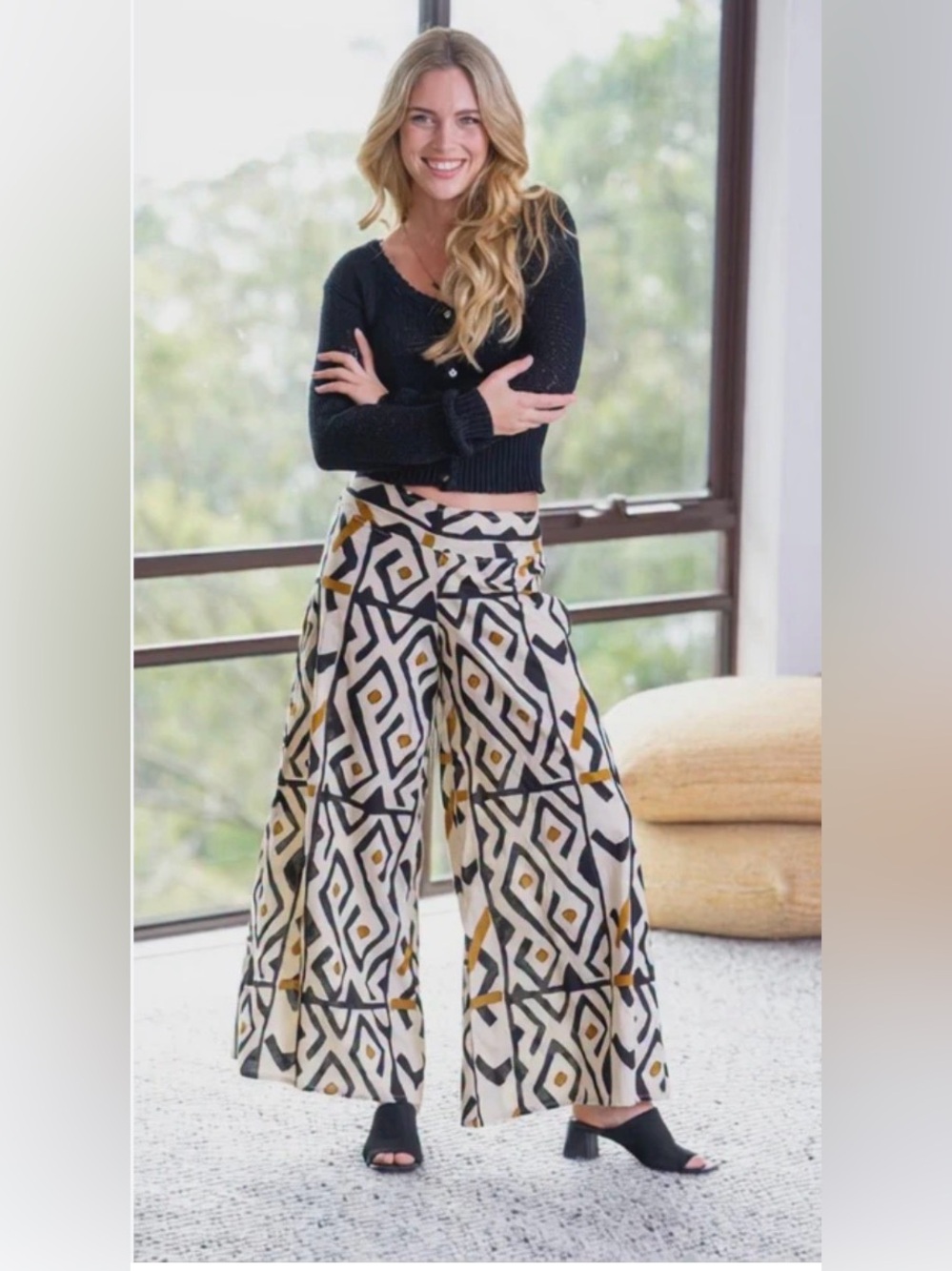 New Cienna Monifa Elle‎ Wide Leg Pants Size M 100% cotton Western Boho Aztec